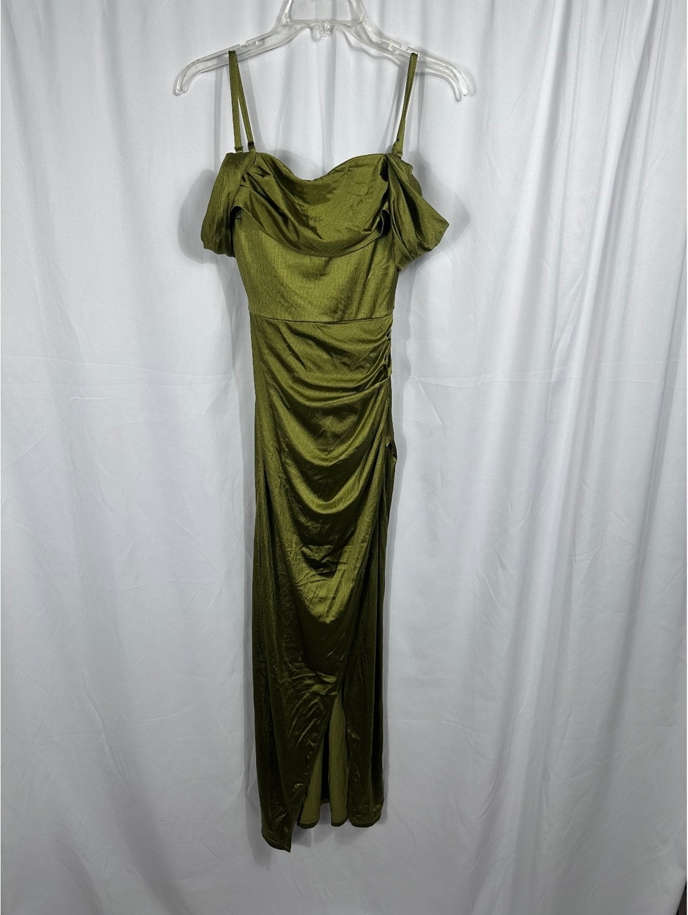 Popilush Olive Green Satin Off-Shoulder Maxi Dress with Adjustable Straps XS